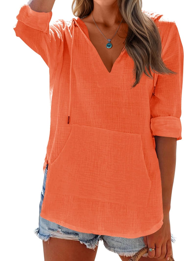 Ebifin Women's Beach Cover Up Hoodies Sweatshirt Long Sleeve V Neck Pocketed Hooded Shirt Top Orange - Image 3