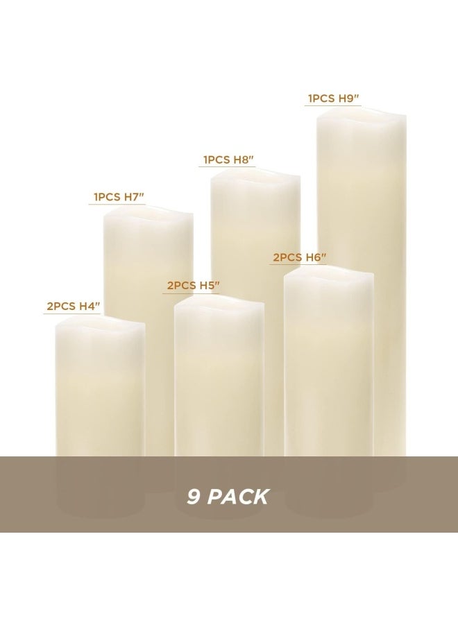 Hausware - Hausware Flameless Candles Battery Operated Candles H 4" 5" 6" 7" 8" 9" Real Wax Pillar Flickering Led Candle With 10-Key Remote And Timer Control, Set Of 9 (Ivory Color) - Image 1