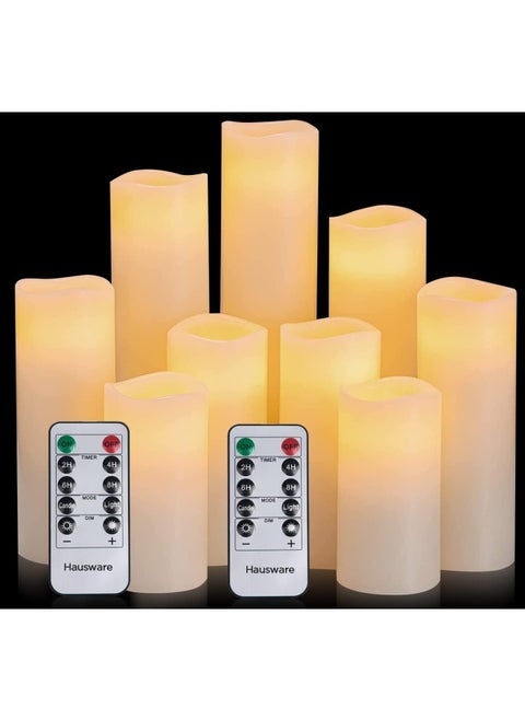 Hausware Flameless Candles Battery Operated Candles H 4" 5" 6" 7" 8" 9" Real Wax Pillar Flickering Led Candle With 10-Key Remote And Timer Control, Set Of 9 (Ivory Color)