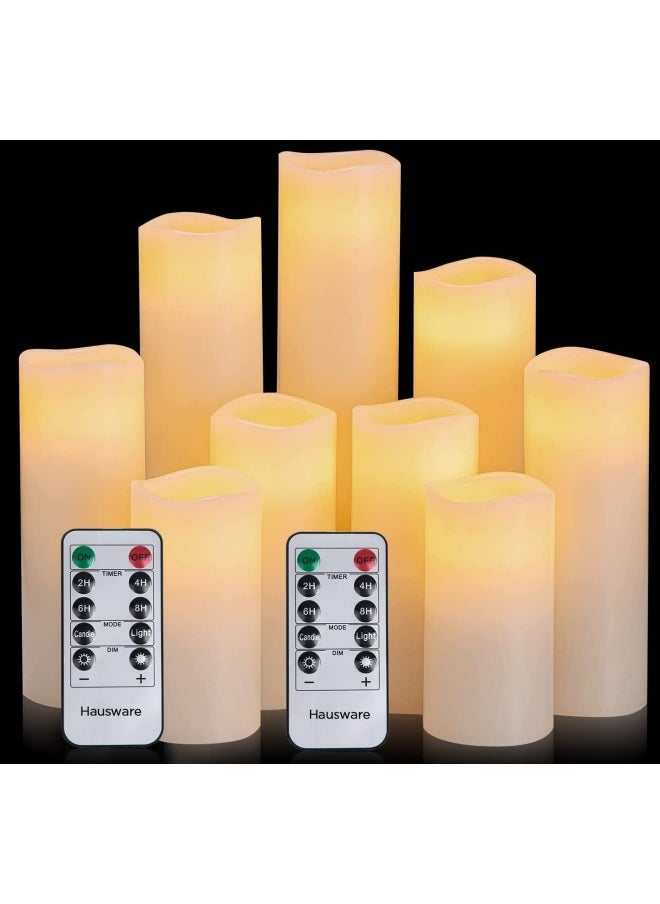Hausware - Hausware Flameless Candles Battery Operated Candles H 4" 5" 6" 7" 8" 9" Real Wax Pillar Flickering Led Candle With 10-Key Remote And Timer Control, Set Of 9 (Ivory Color) - Image 1