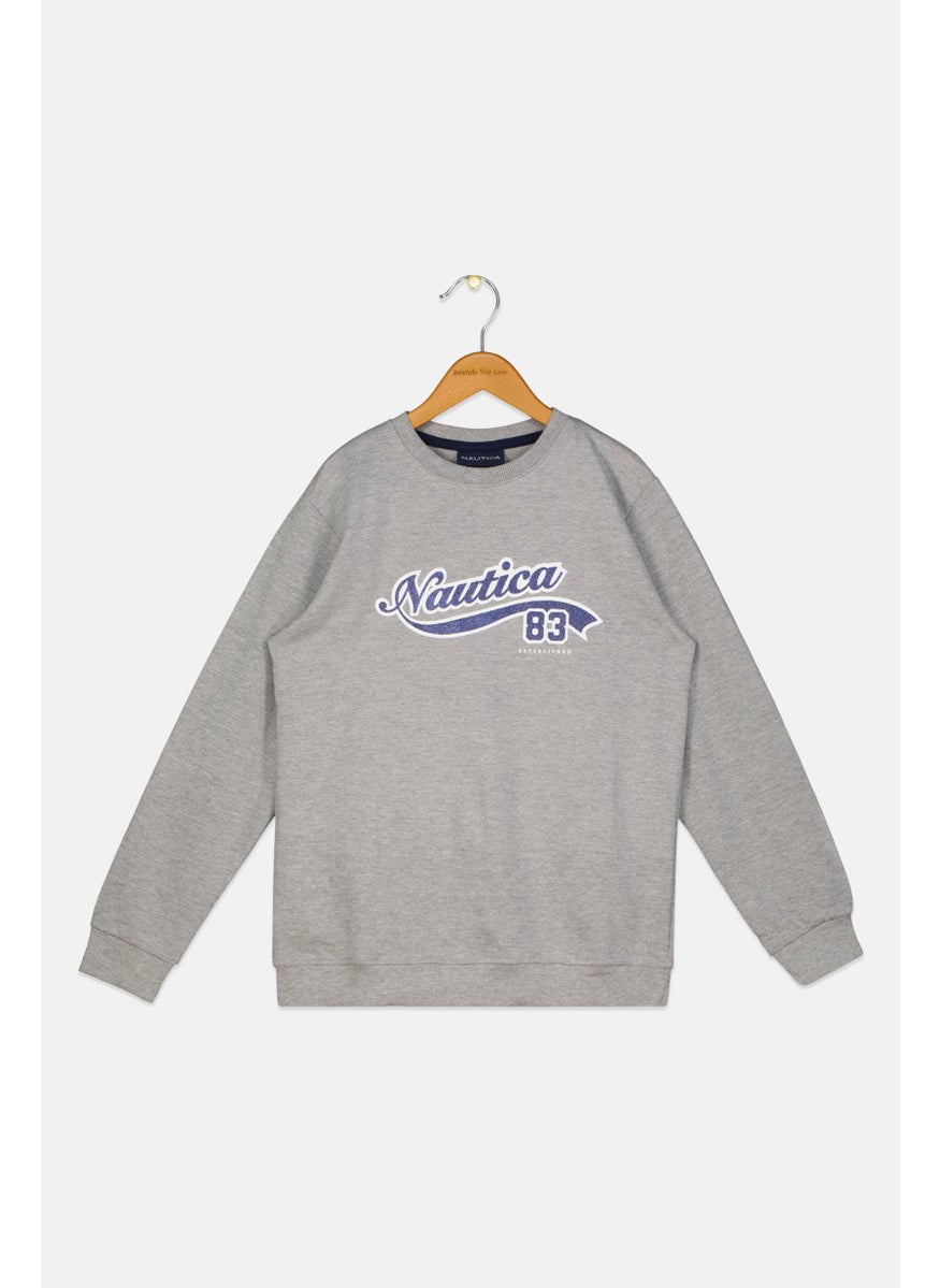 NAUTICA Kids Girl Crew Neck Long Sleeve Brand Logo Sweatshirt, Grey  - Image 1