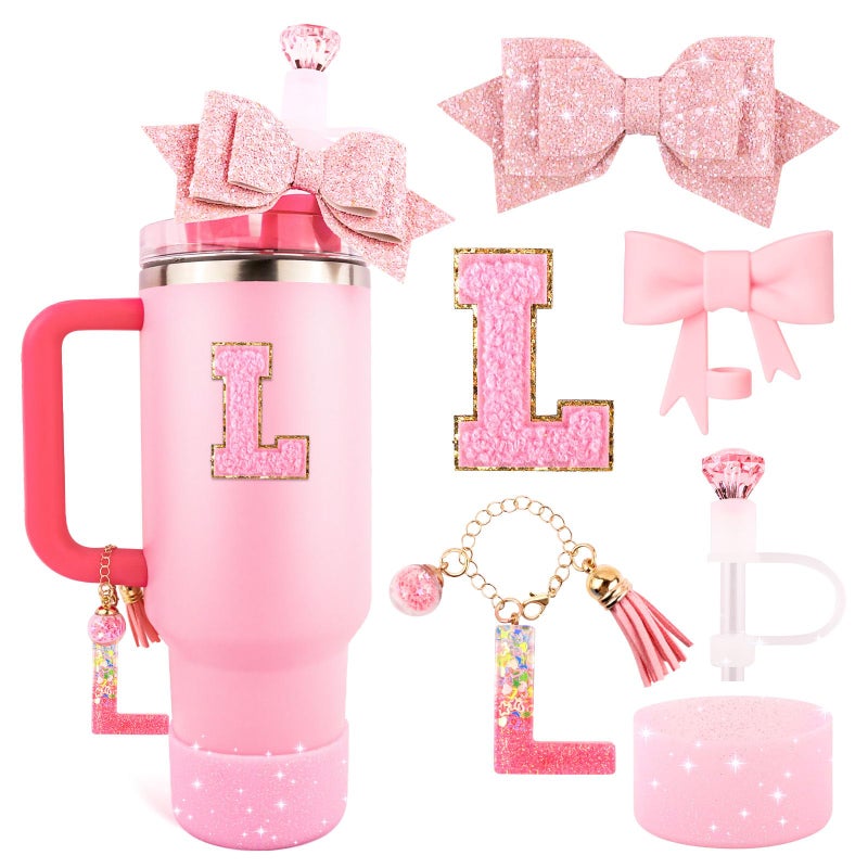 Pink Cup Accessories Set for Stanley 30OZ  40OZ Tumbler with Handle Letter Charms Bow  Diamond Straw Covers Glitter Silicone Boot Personalized Sticker for Stanley Cup Accessories L