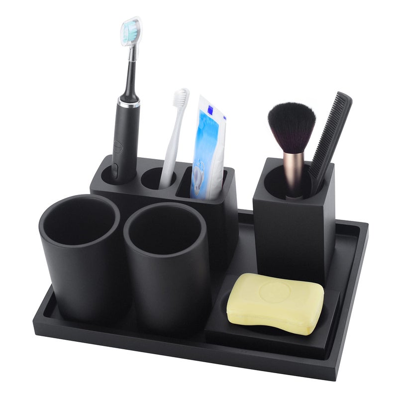 Ximlike Matte Black Bathroom Accessories Set 6 Pieces Bathroom Accessory Set Bathroom Decor with 1 Vanity Tray 2 Tumbler Cups 1 Makeup Brushes Holder 1 Toothbrush Holder 1 Soap Dish