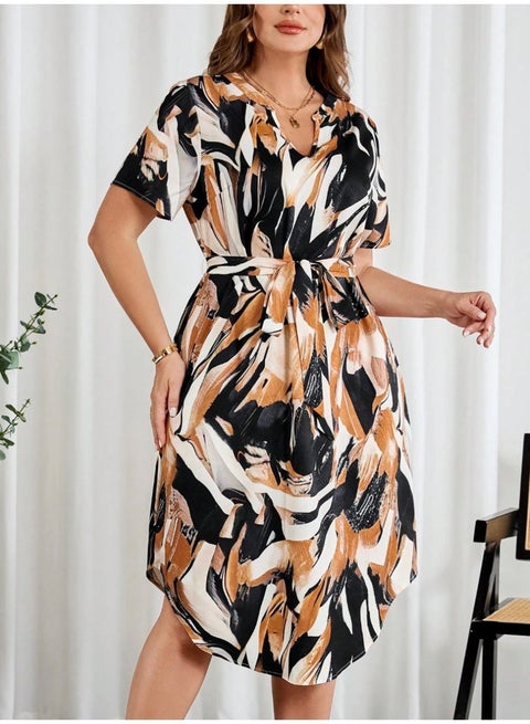 SHEIN  Women V-Neck Printed Short Sleeve Graphic Colorblock A-Line Midi Dress, Elegant Daily Spring/Summer Outfit,Airport Outfit For Women,Floral Dress For Women,Office Attire For Women