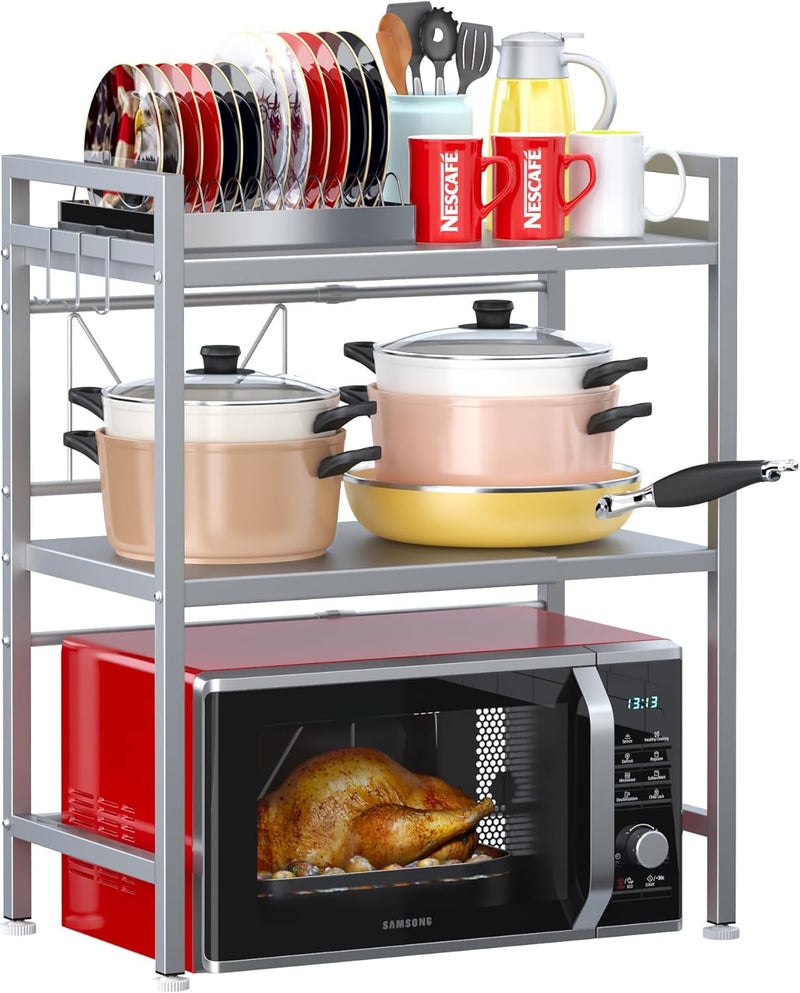 PUSDON Microwave Oven Rack, Adjustable Shelf Organizer 3-Tiers with 3 Hooks, & 160lbs Capacity for Kitchen Counter, Silver Grey - Image 1
