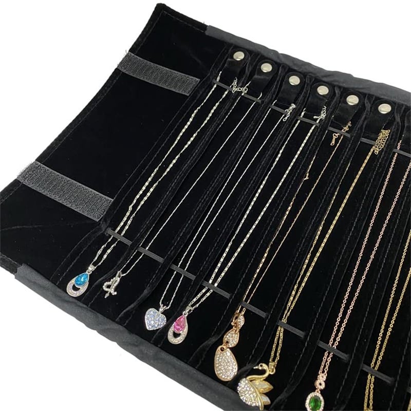SCIKHEFT Portable Jewelry Roll Untangled Secure Necklace Travel Storage Bag Displays Holder 16 Chain (Black) - Image 3