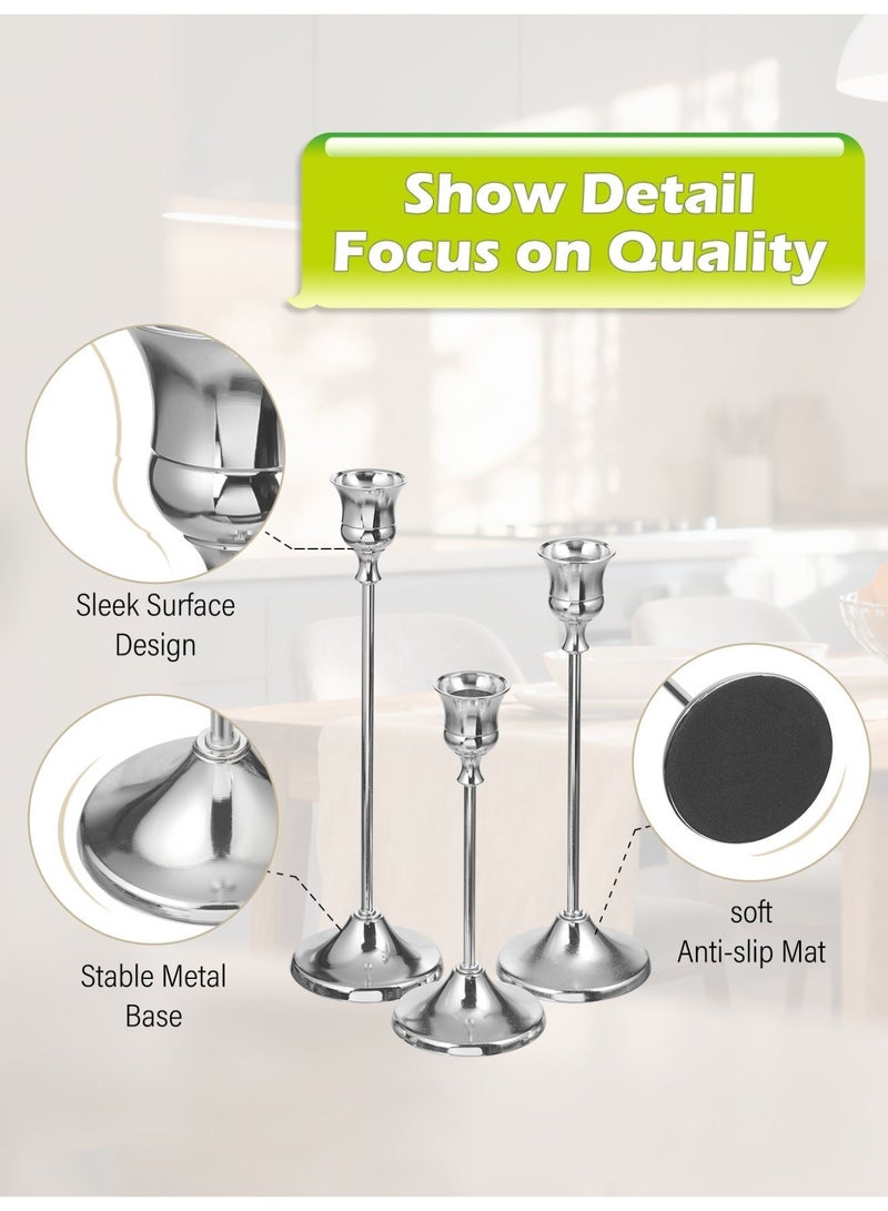 Set of 3 Sliver Metal Candle Holders/Candlestick Holders for Taper Candles Decorative Candlestick With Anti-Slip Base Holders for Wedding, Dinning - Image 4