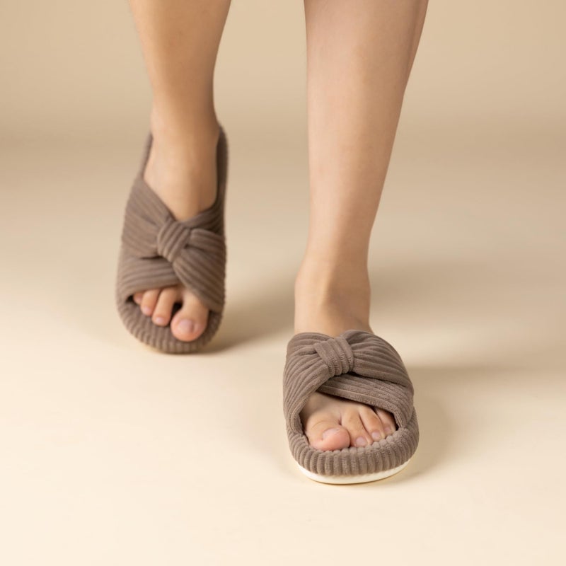 Chantomoo Slippers for Women Memory Foam House Bedroom Corduroy Bow Crossbands Slipper Shoes Comfy Trendy Gift Slippers BrownSize7 8 6.5 - Image 2