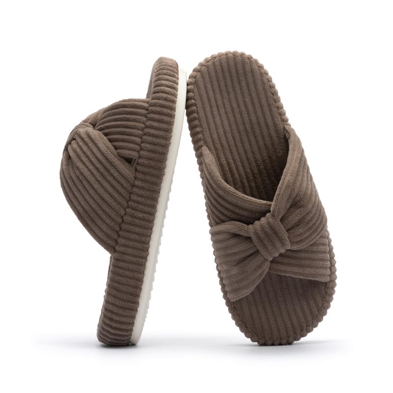 Chantomoo Slippers for Women Memory Foam House Bedroom Corduroy Bow Crossbands Slipper Shoes Comfy Trendy Gift Slippers BrownSize7 8 6.5 - Image 1