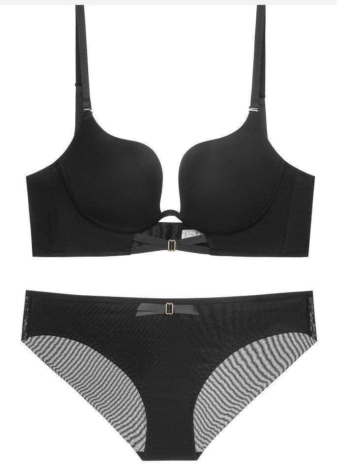 Loquat Solid Color U Style Seamless Bra Panty Set Black 