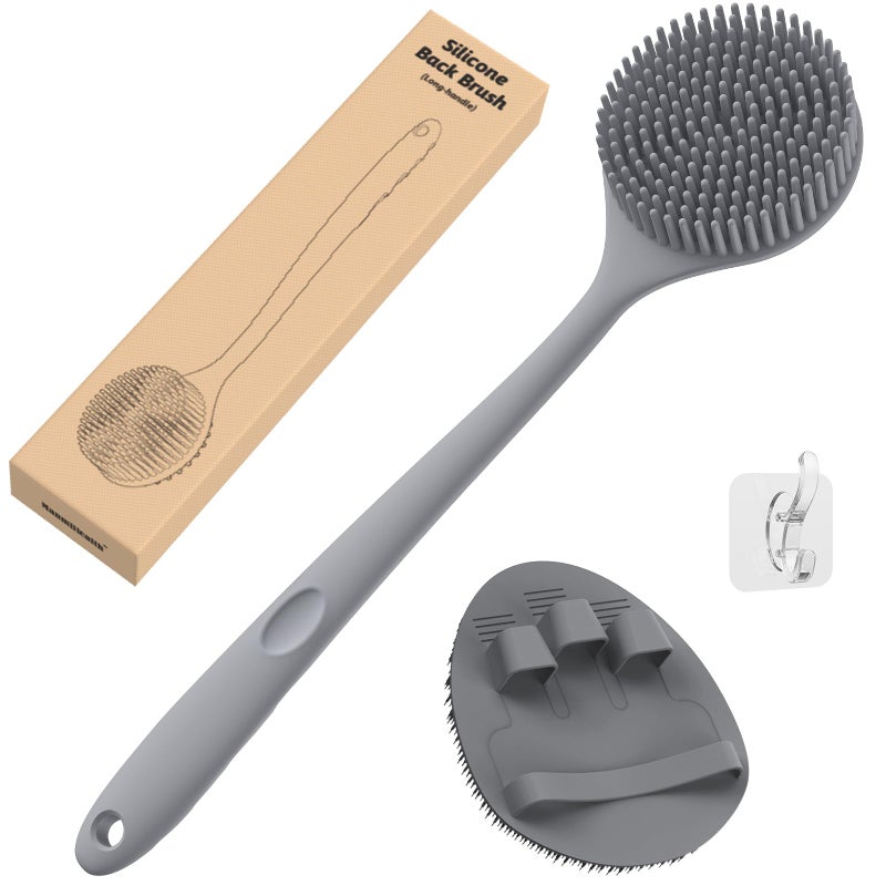 Manmihealth Silicone Back Scrubber(Thick Bristles) & Soft Bath Glove Set, Super-Exfoliating Body Scrubber & Super-Lathering Shower Brush Combination, with a Free Hook.(Gray) - Image 1