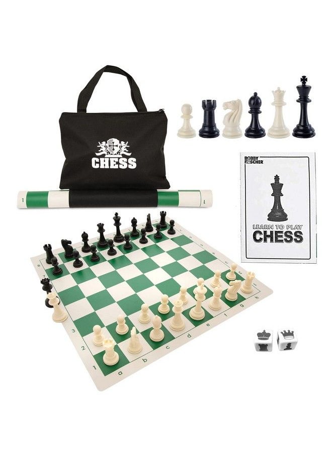 WE Games Best Value Tournament Chess Set W/ A Green Roll Up Vinyl Board Plastic Pieces & Bag  - Image 1