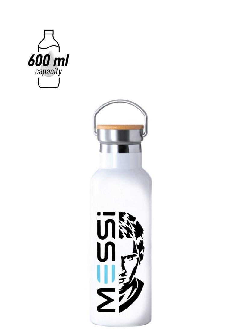 PRINTSHOP4ME Football Super Hero Messi Water Flask Bottle - Gift for Sports Fans and Athletes - Stainless Steel Bamboo Cap Flask Bottle 600ml - Ideal for Sports Enthusiasts - Image 1