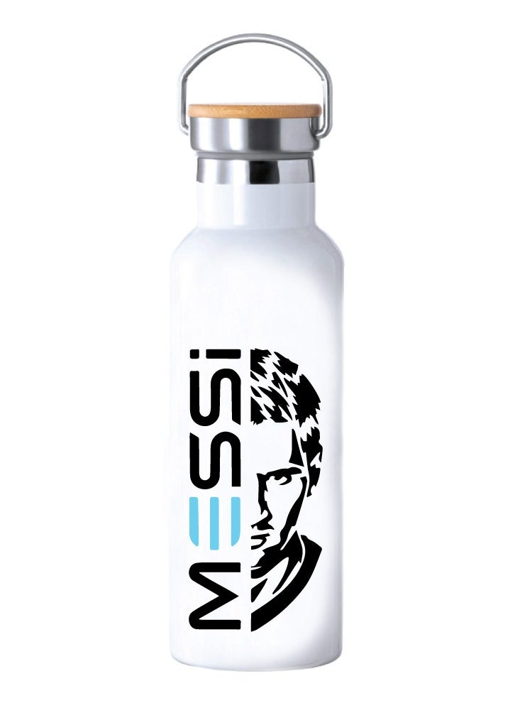 PRINTSHOP4ME - Football Super Hero Messi Water Flask Bottle - Gift for Sports Fans and Athletes - Stainless Steel Bamboo Cap Flask Bottle 600ml - Ideal for Sports Enthusiasts - Image 1