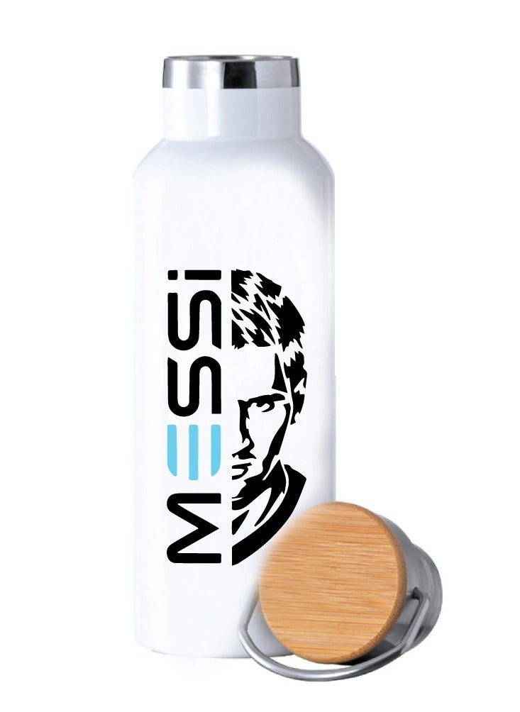 PRINTSHOP4ME - Football Super Hero Messi Water Flask Bottle - Gift for Sports Fans and Athletes - Stainless Steel Bamboo Cap Flask Bottle 600ml - Ideal for Sports Enthusiasts - Image 1