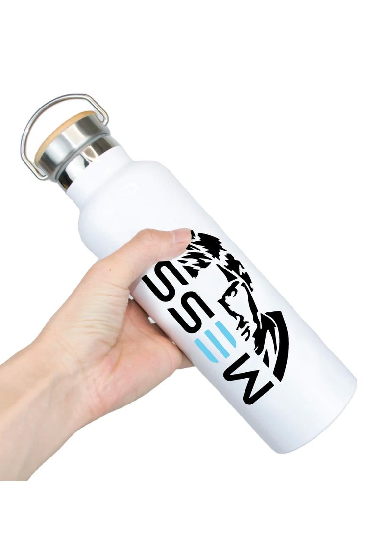 PRINTSHOP4ME - Football Super Hero Messi Water Flask Bottle - Gift for Sports Fans and Athletes - Stainless Steel Bamboo Cap Flask Bottle 600ml - Ideal for Sports Enthusiasts - Image 1