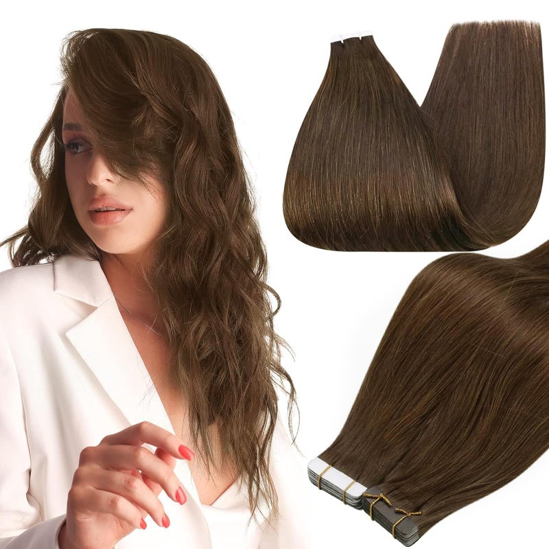 Full Shine Tape in Hair Extensions Remy Human Hair Color 4 Medium Brown Tape in Extensions Real Human Hair Double Sided 12Inch Brown Hair Layered Invisible Skin Weft 20Pcs 30G Straight