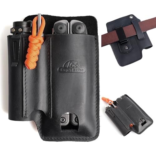 Topstache Leather Multitool Sheath with Belt Clip - Leather Multitool Pouch for Belt - EDC Belt Organizer - Multitool Holster Fits Multitool, Flashlight, Pen - Leather Multitool Holder - Black - Image 1