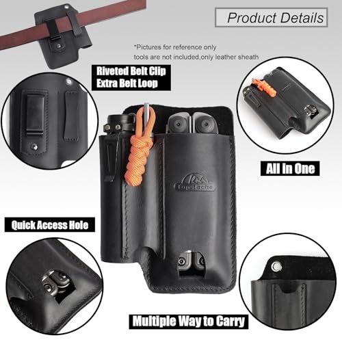 Topstache Leather Multitool Sheath with Belt Clip - Leather Multitool Pouch for Belt - EDC Belt Organizer - Multitool Holster Fits Multitool, Flashlight, Pen - Leather Multitool Holder - Black - Image 3