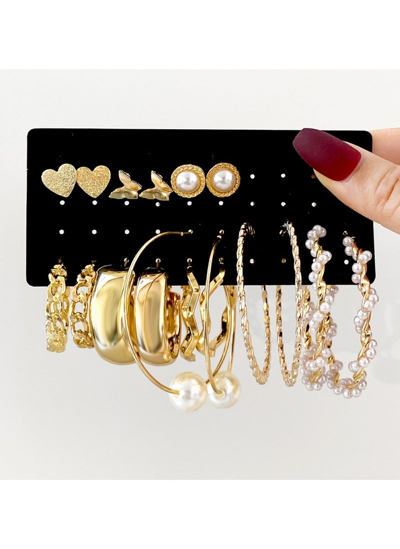 Huitich Elegant Gold Colour Tone Hoop & Stud Earrings Set 9 Pairs with Pearl & Textured Designs  - Image 2