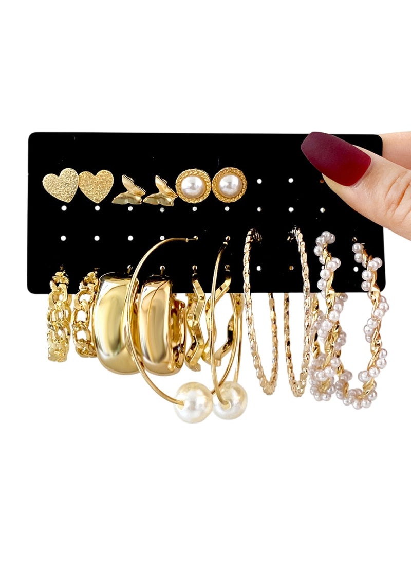 Huitich Elegant Gold Colour Tone Hoop & Stud Earrings Set 9 Pairs with Pearl & Textured Designs  - Image 1