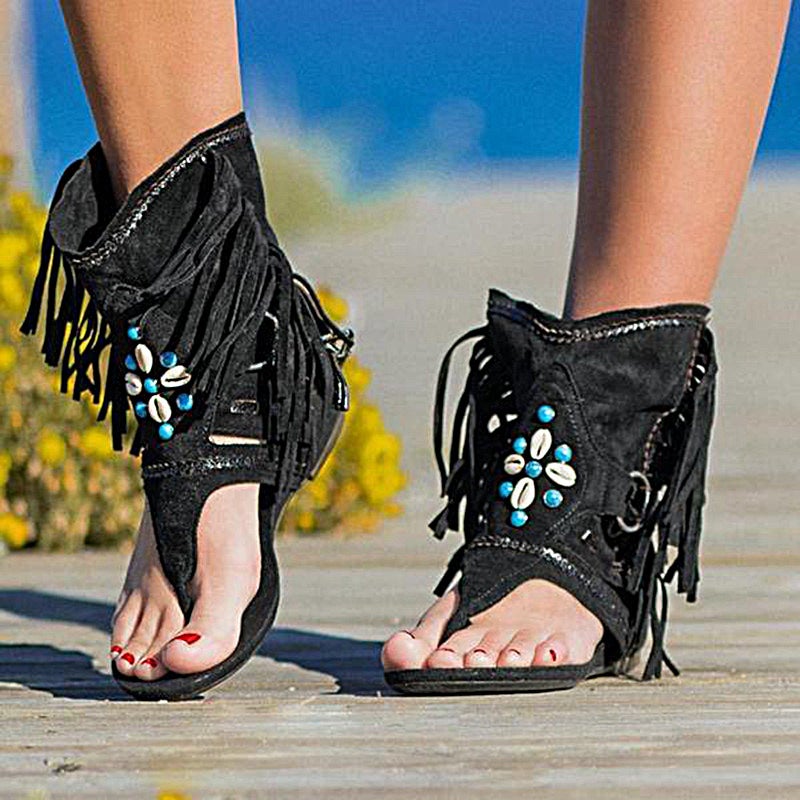 Plus Size New Tassel Flat Toe Sandals Beaded Roman Casual Boots - Image 3
