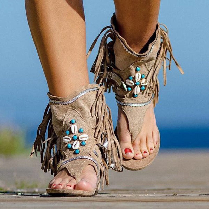 Plus Size New Tassel Flat Toe Sandals Beaded Roman Casual Boots - Image 5