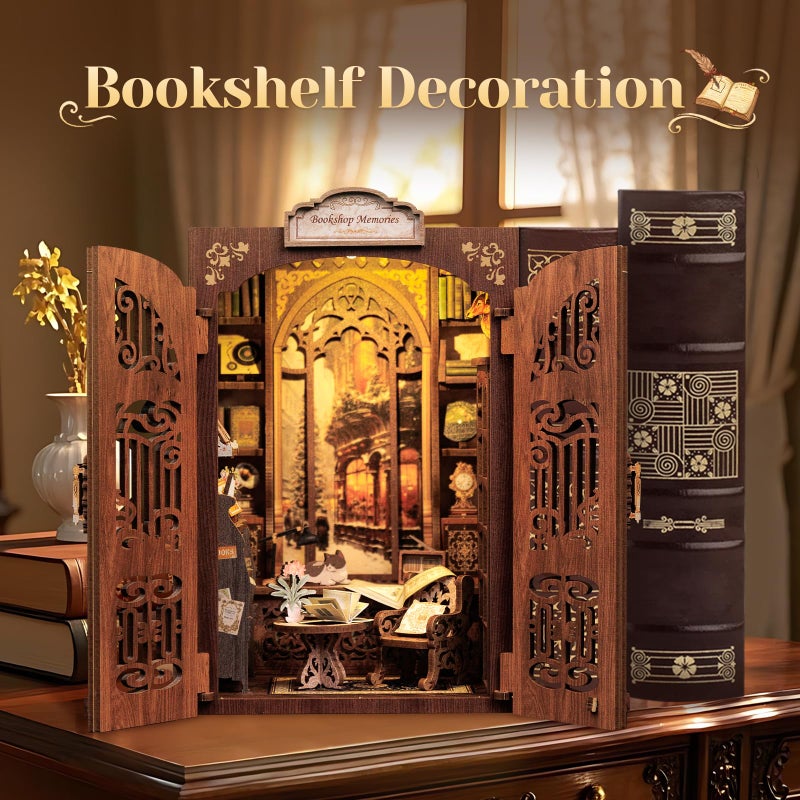 CUTEBEE DIY Book Nook Kit, Miniature House Kits for Adult and Teens, DIY Miniature Book Nook kit with Sensor Led Light, Gifts for Lovers and Family (Bookshop Memories) - Image 3