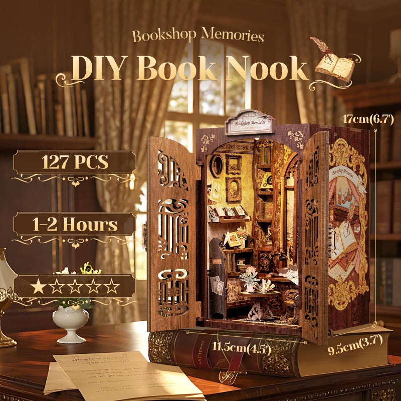 CUTEBEE DIY Book Nook Kit, Miniature House Kits for Adult and Teens, DIY Miniature Book Nook kit with Sensor Led Light, Gifts for Lovers and Family (Bookshop Memories) - Image 2
