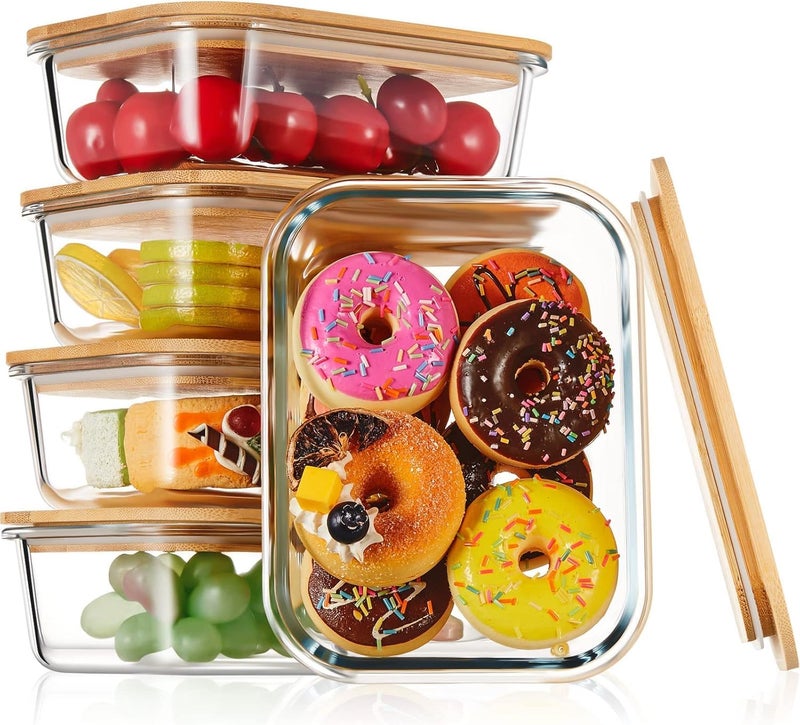 BIXBITE 5 Pcs Glass Container Set with Bamboo Lids  Airtight Meal Prep Containers 1050ml BPAFree