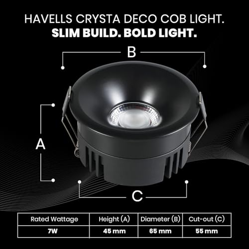 Havells Crysta Deco Cob 7W 4K Matt Black,Led-Spotlights,Energy Efficient,Long Life of 25000 Burning Hours,Beam Angle of 36°,Metal Body Cob with Independent Driver,Natural Daylight (4000K) - Image 2