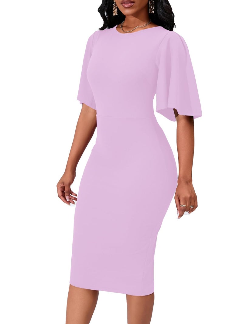 WanMem Women's Basic Bodycon Ruffle Flared Short Sleeve Pencil Midi Dress, Pink - Image 4