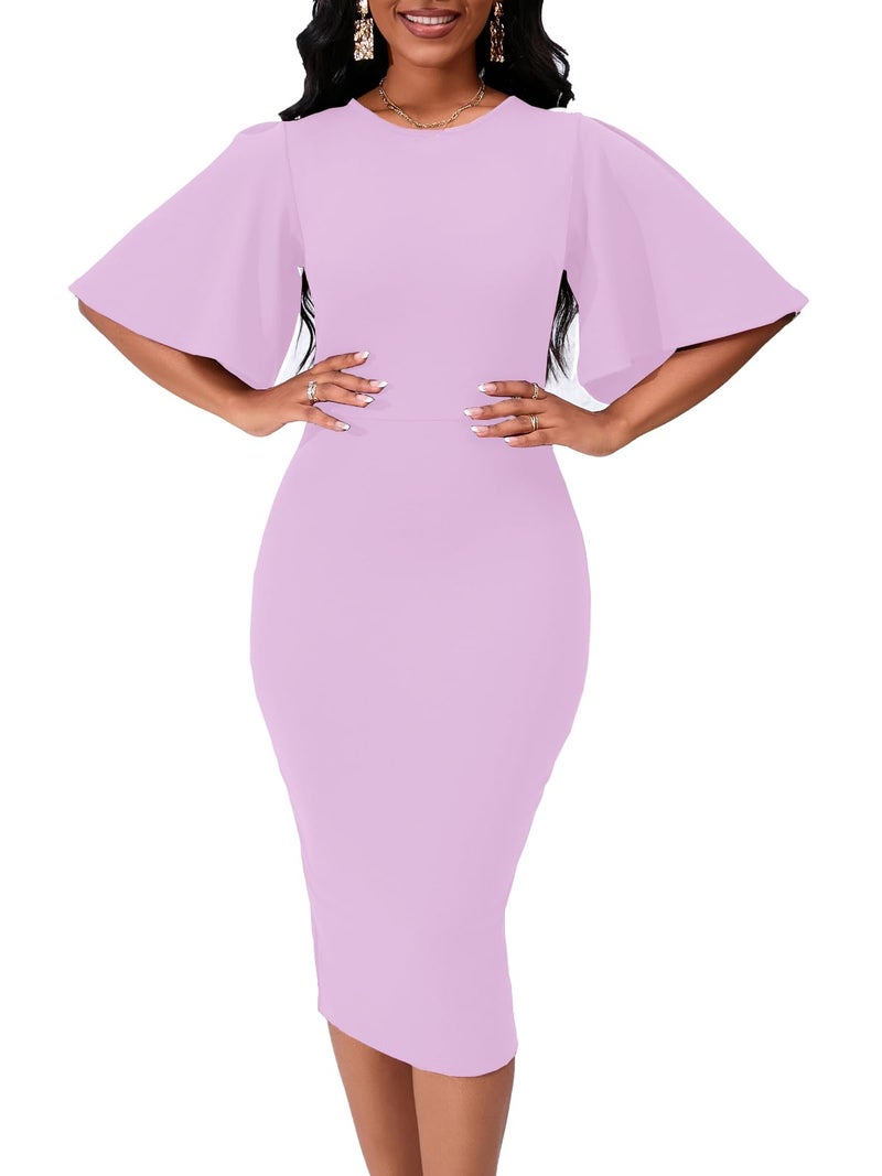 WanMem Women's Basic Bodycon Ruffle Flared Short Sleeve Pencil Midi Dress, Pink - Image 1