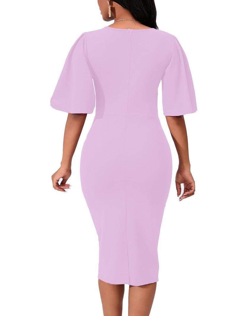 WanMem Women's Basic Bodycon Ruffle Flared Short Sleeve Pencil Midi Dress, Pink - Image 2