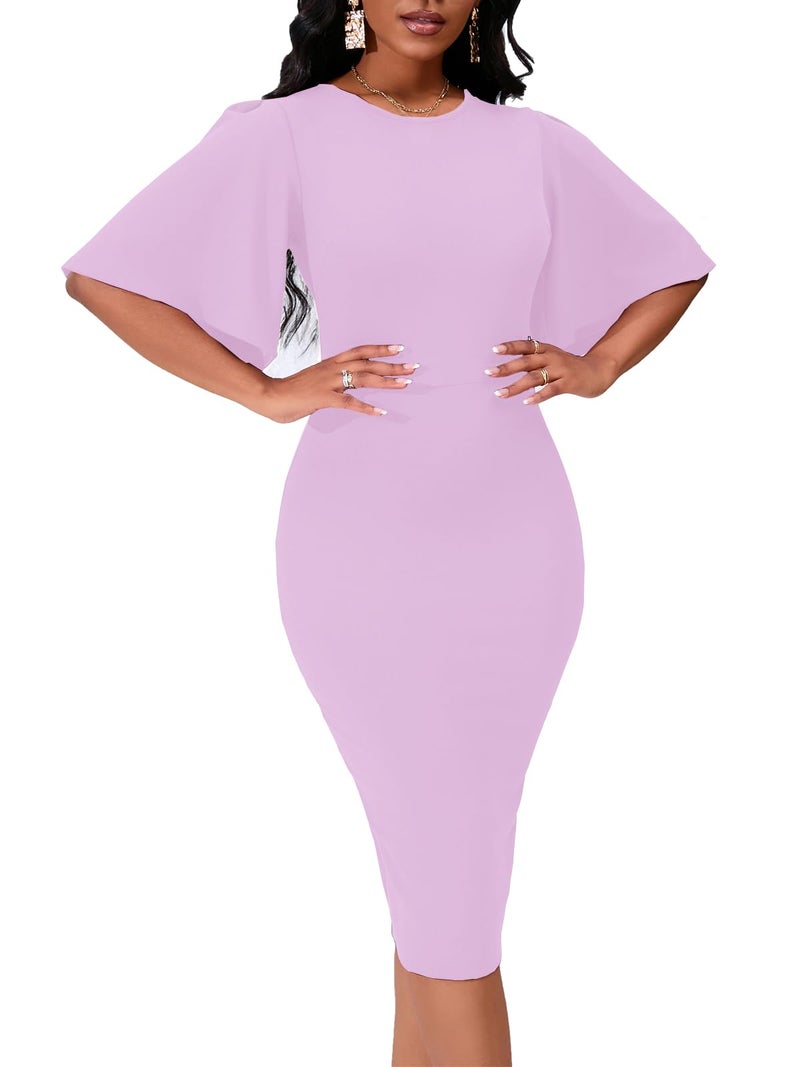 WanMem Women's Basic Bodycon Ruffle Flared Short Sleeve Pencil Midi Dress, Pink - Image 3