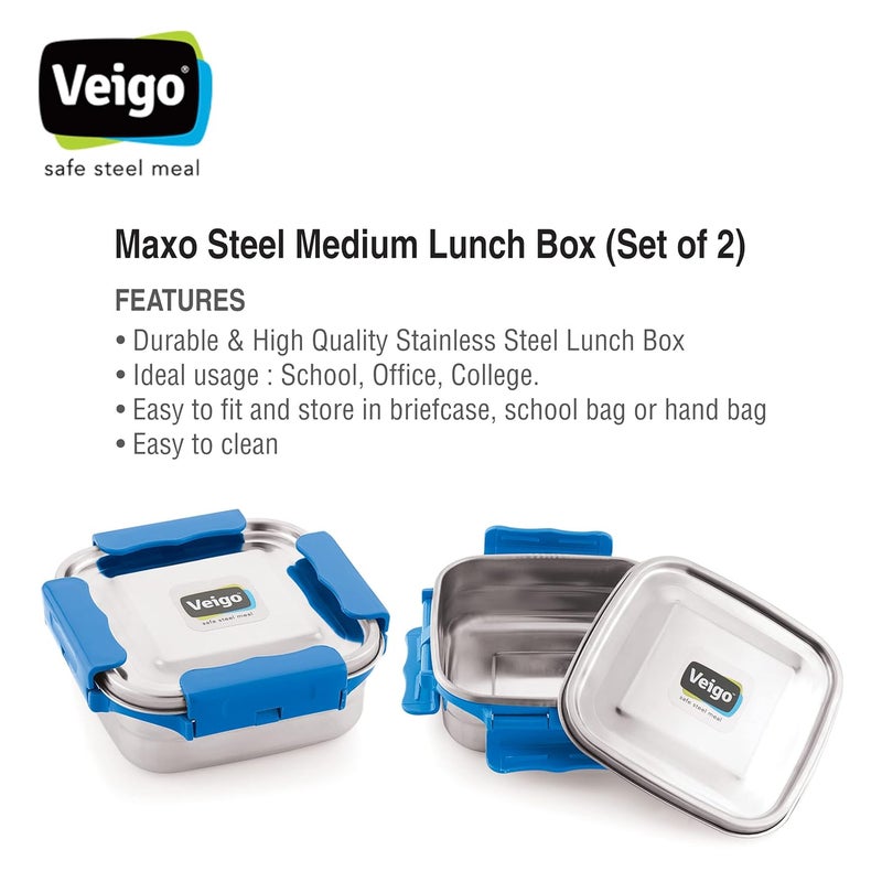 Veigo Veigo Premium Finish Maxo Series Stainless Steel Medium Airtight Leak-Proof Lunch Box for Office, School, Picnic, 450 ml, Set of 2 - Dark Blue  - Image 4