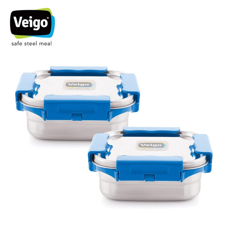 Veigo Veigo Premium Finish Maxo Series Stainless Steel Medium Airtight Leak-Proof Lunch Box for Office, School, Picnic, 450 ml, Set of 2 - Dark Blue  - Image 3