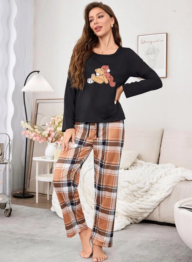 Take Two Take Two Bear Print T-Shirt and Checked Pyjama Set