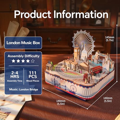 Tonecheer Wooden Music Box Puzzle for AdultsDIY Rotating Music Box Kit 3D Creative Musical Puzzle Crafts Model Building Kits Desk Decor for Teens Kids Birthday Gift London Music Box - Image 5
