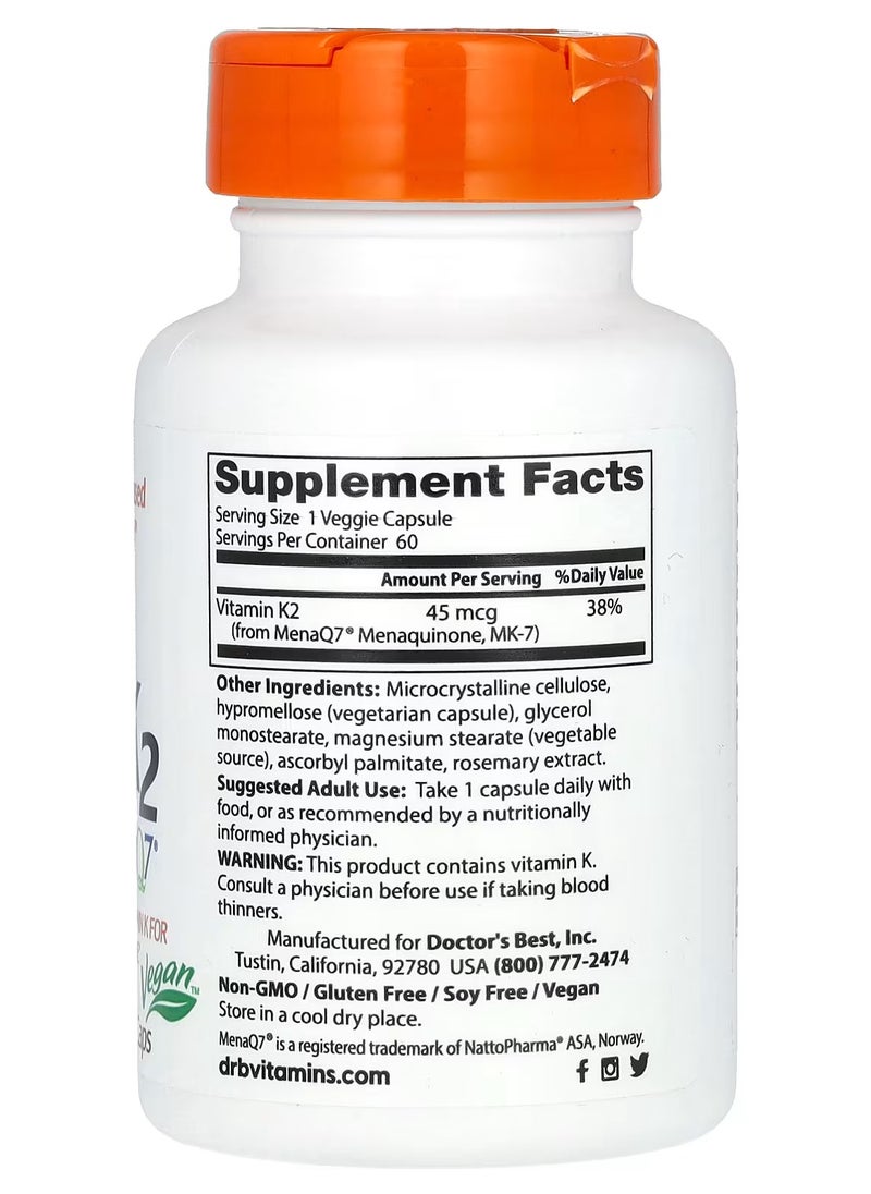 Doctor's BEST Natural Vitamin K2 Mk7 With Menaq7 Plus D3 180 Mcg 60 Veggie Caps  - Image 2