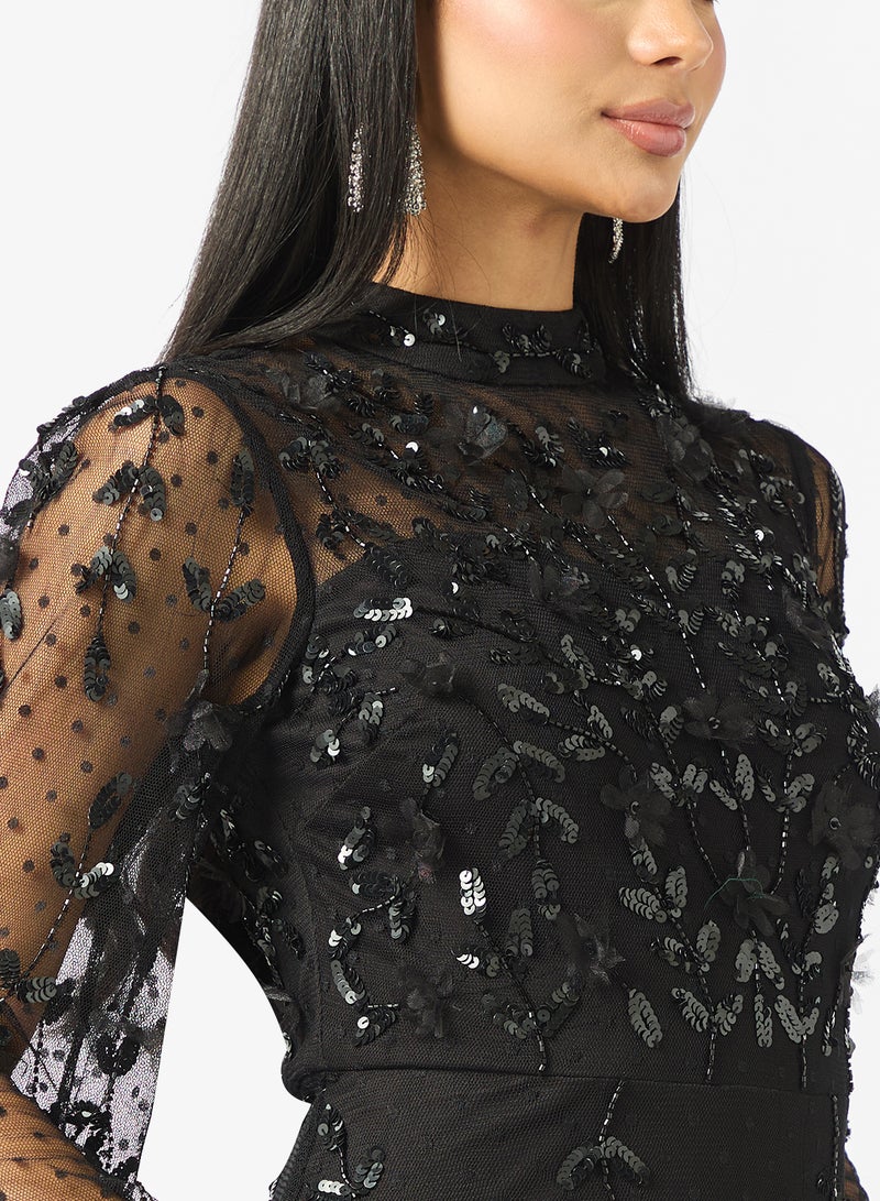 فروك اند فرل فستان سهرة طويل بأكمام بالون وترتر - Image 3