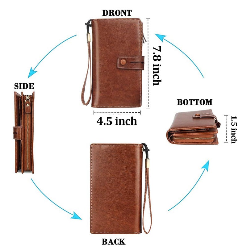 FT FUNTOR Women's Big Fat RFID Blocking Wallet Leather Zip Around Clutch Large Purse Phone Organizer Wristlet brown - Image 5