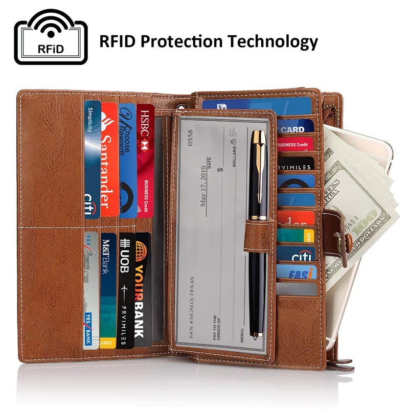 FT FUNTOR Women's Big Fat RFID Blocking Wallet Leather Zip Around Clutch Large Purse Phone Organizer Wristlet brown - Image 2