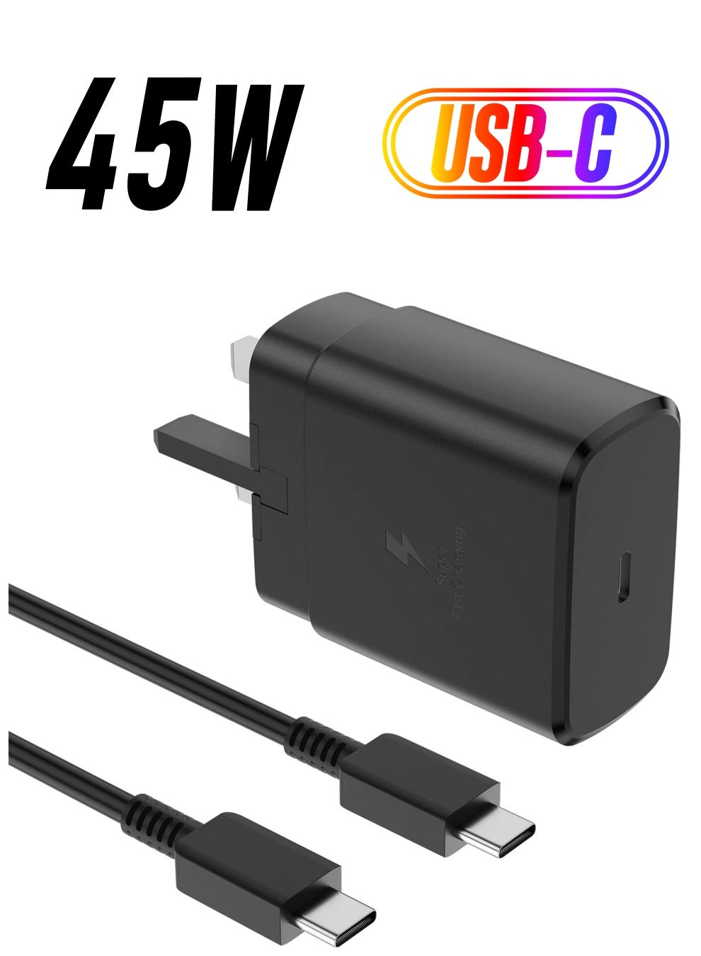 ESCASE 45W Super Fast Charger For Samsung Type C Plug with USB C Cable, Wall Charger Plug Adaptor and Cable Compatible With Samsung Galaxy S24 Ultra/S24 Plus/S23 FE/S24/S22/S21 S20,A54 A25 A15 A05S A53 A34 A23 5G,Z Fold 4 5/Z Filp,Tab S7 S8 S9 Black