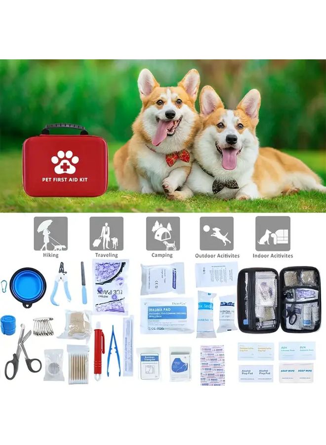 87pcs Red Outdoor Pet First Aid Kit Compact Portable Bag for Dogs Cats Hiking Camping - Image 2