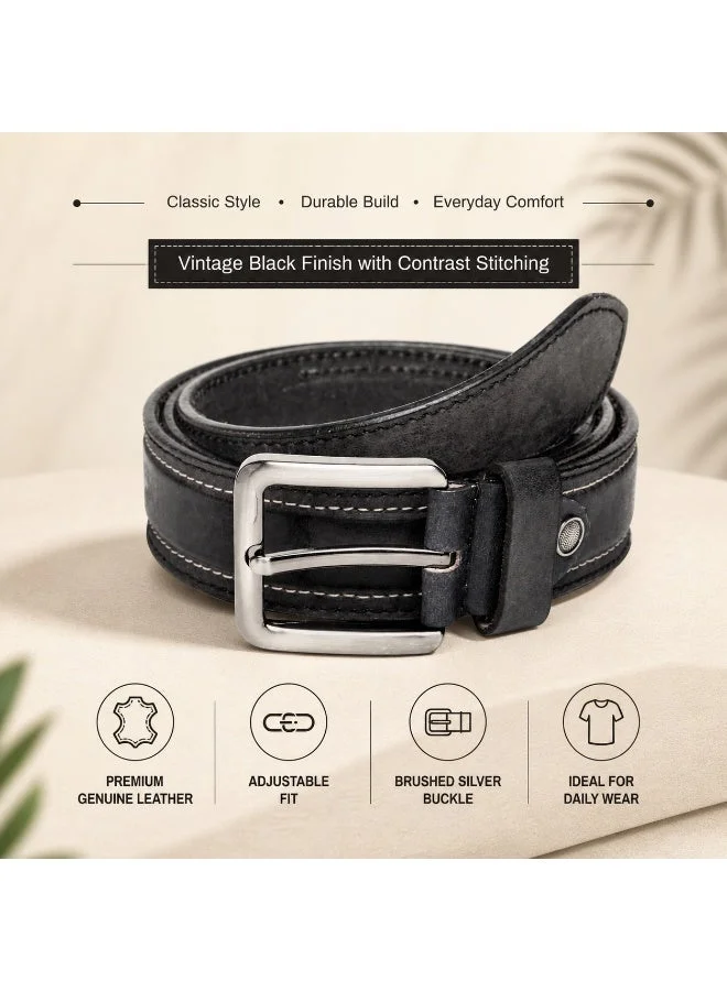 TEAKWOOD Teakwood Genuine Leather Belt for Men | Black Casual & Formal Belt | Contrast Stitching | Silver Pin Buckle | Adjustable Size | Durable Premium Finish | Ideal for Jeans, Trousers & Daily Wear