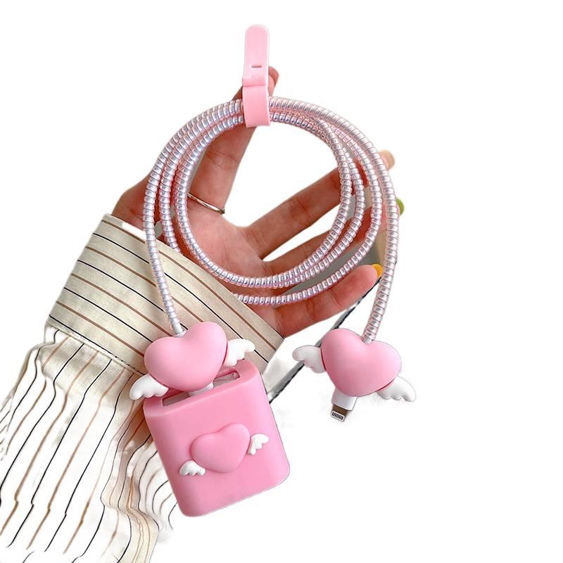 20W Charger Head and Cable End Protector Set with Cute Style in White with Decorative Design Anti Bend Protection and Daily Cable Care - Lilac Ribbon - Image 2