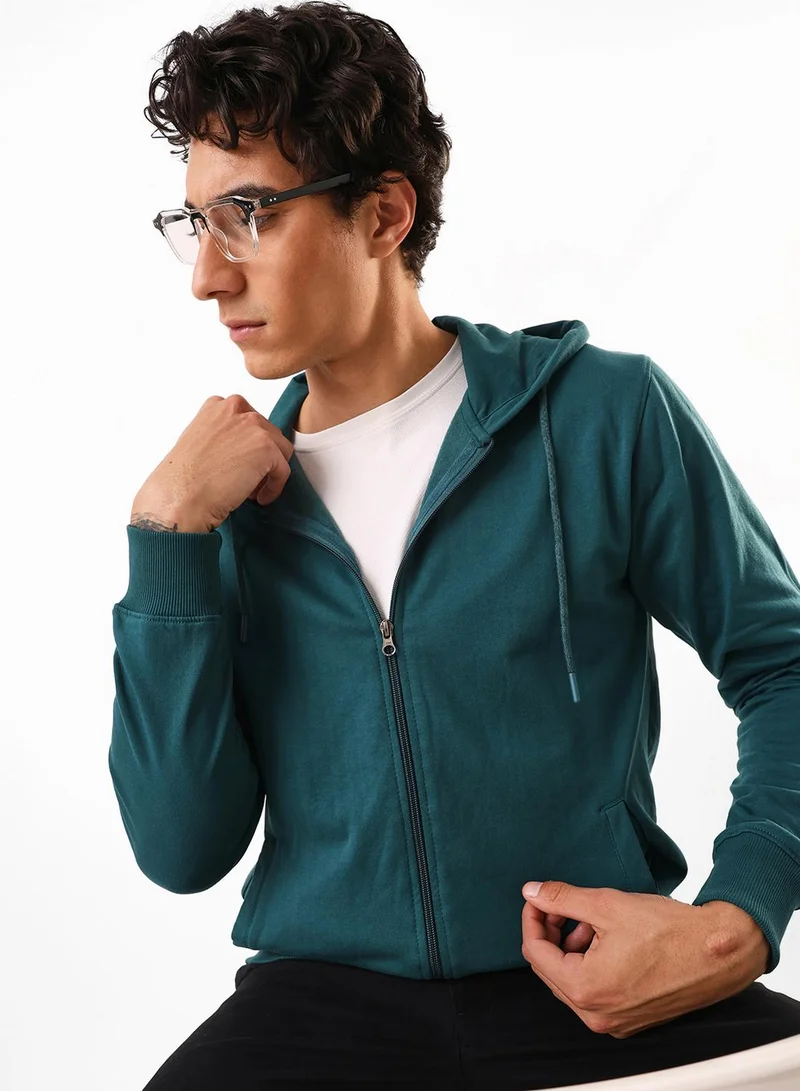 Dennis Lingo Men's Teal Cotton Blend Front Open Regular Fit Sweatshirt