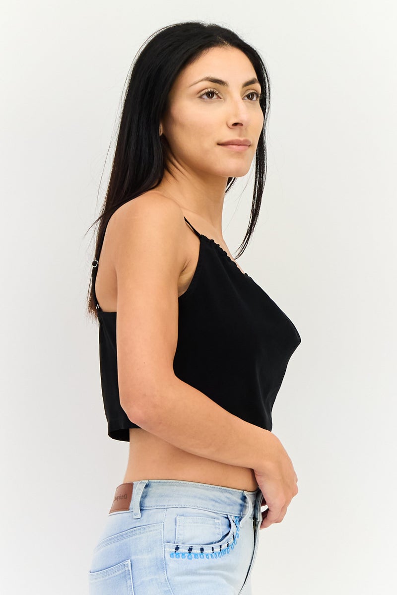 FOREVER 21 تي شيرت بلا أكمام على شكل حرف V للنساء، أسود - Image 2