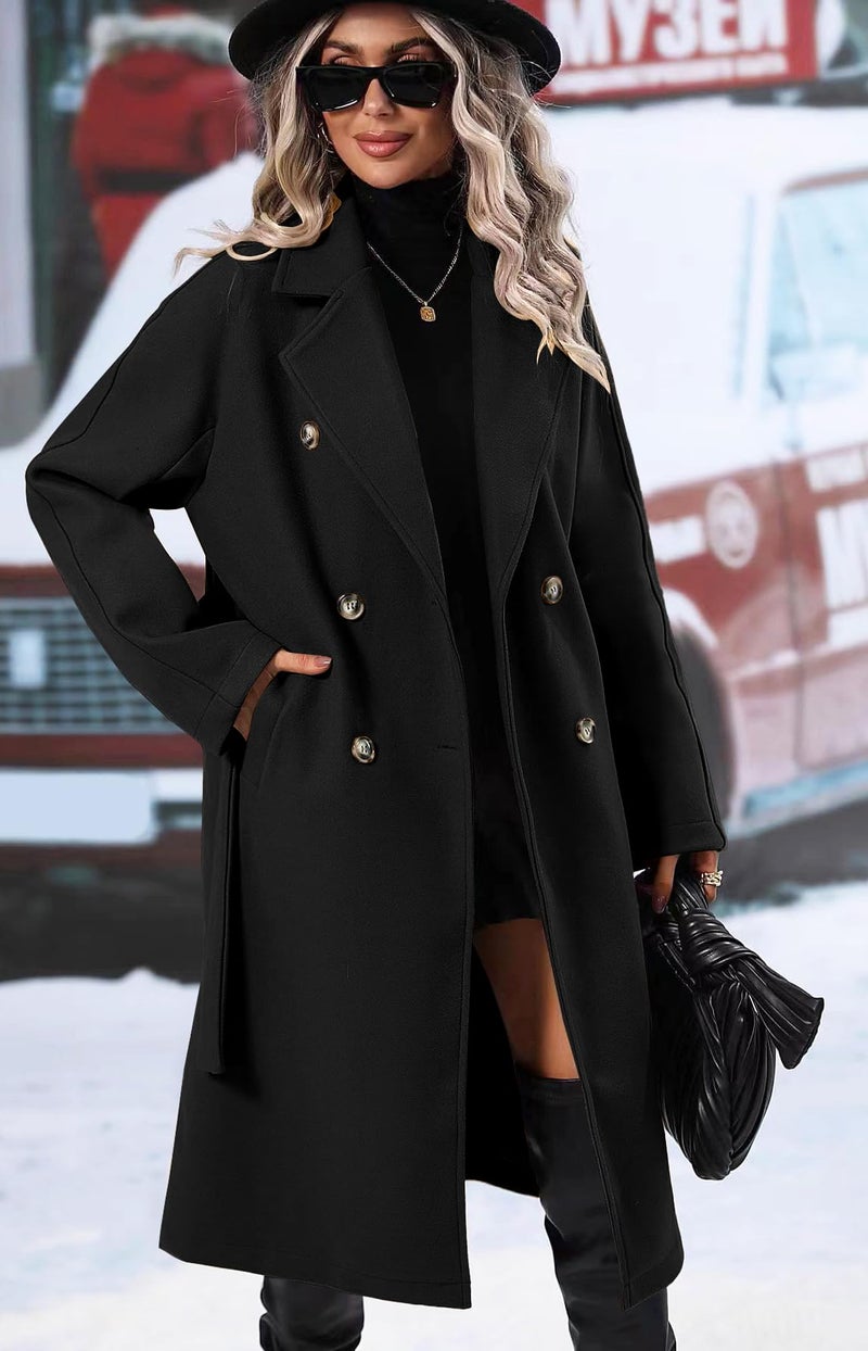 SAUKOLE Women's 2025 Classical Double-Breasted Long Coat with Pocketed Casual Lapel Wool Overcoat - Image 3